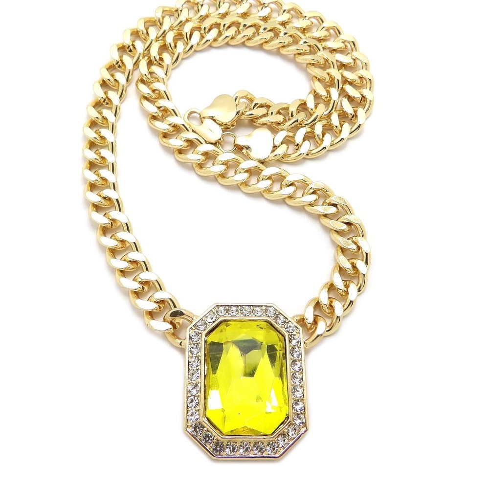 Iced Yellow Gemstone Pendant 9mm/18" Cuban Chain